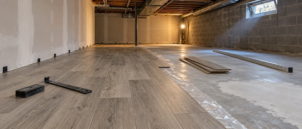 Waterproof rigid-core luxury vinyl plank being installed over a prepared basement slab with expansion spacers at the wall