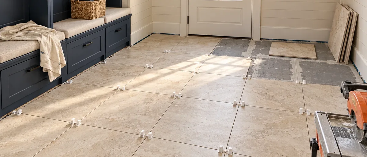 Large-format porcelain tile set with leveling clips at every joint and grout joints still open during a mudroom installation