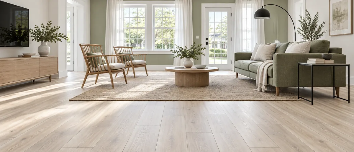 Pale ash waterproof laminate plank flooring running the length of a bright main-level living room